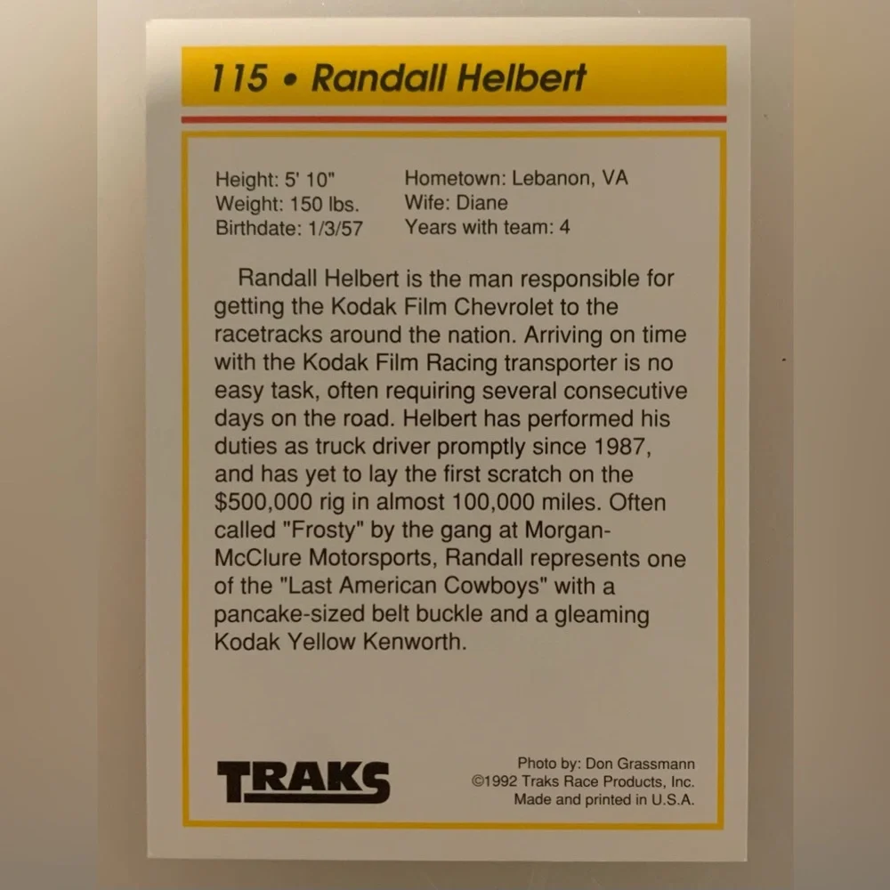 Randall Helbert Yellow Racing Truck Trading Card - Team Set 1992